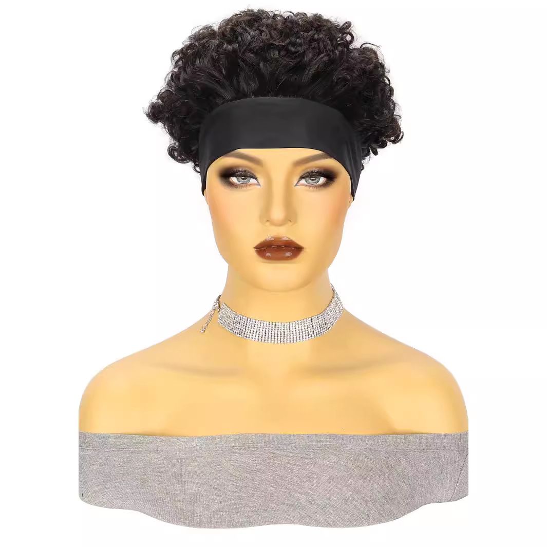 Headband Wig Human Hair Wigs for Black Women Pixie Cut Wig Put on and Go Glueless Wig Short Curly Headband Wigs 150% Density Natural Black 6 Inch