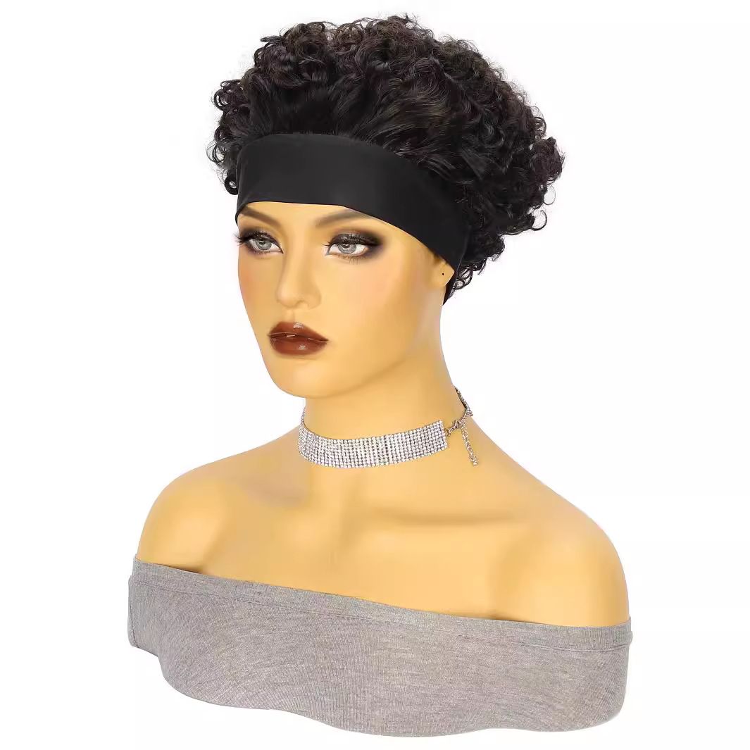 Headband Wig Human Hair Wigs for Black Women Pixie Cut Wig Put on and Go Glueless Wig Short Curly Headband Wigs 150% Density Natural Black 6 Inch