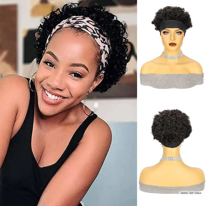 Headband Wig Human Hair Wigs for Black Women Pixie Cut Wig Put on and Go Glueless Wig Short Curly Headband Wigs 150% Density Natural Black 6 Inch