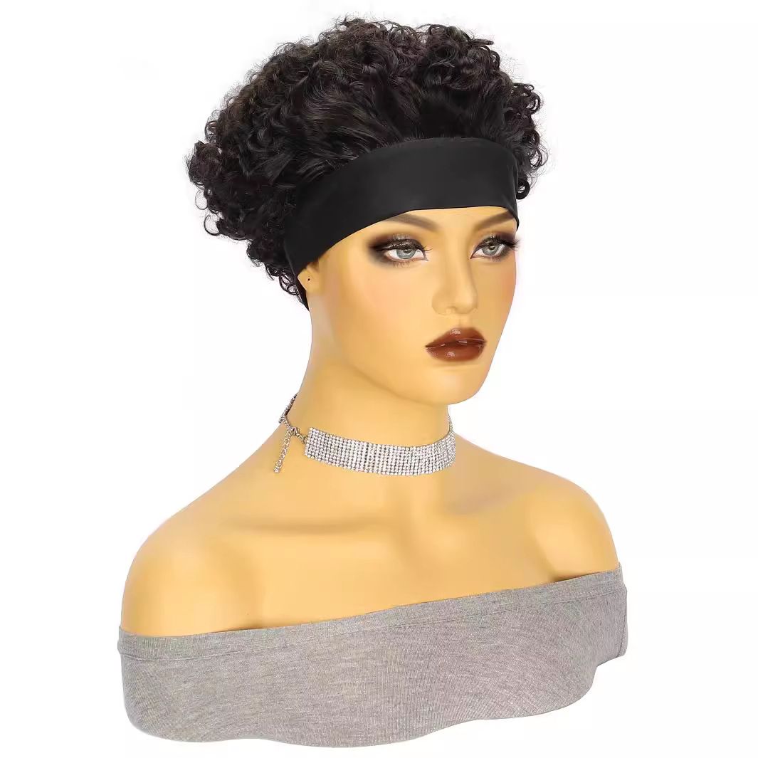 Headband Wig Human Hair Wigs for Black Women Pixie Cut Wig Put on and Go Glueless Wig Short Curly Headband Wigs 150% Density Natural Black 6 Inch