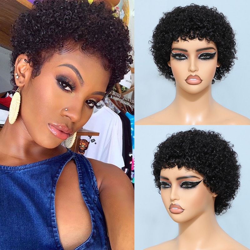 Afro Women Short Kinky Curly Haircuts Wig Synthetic Pixie Wigs for Black African Women Daily Wear Party Short Jerry Curl Hair Wig Natural Colour
