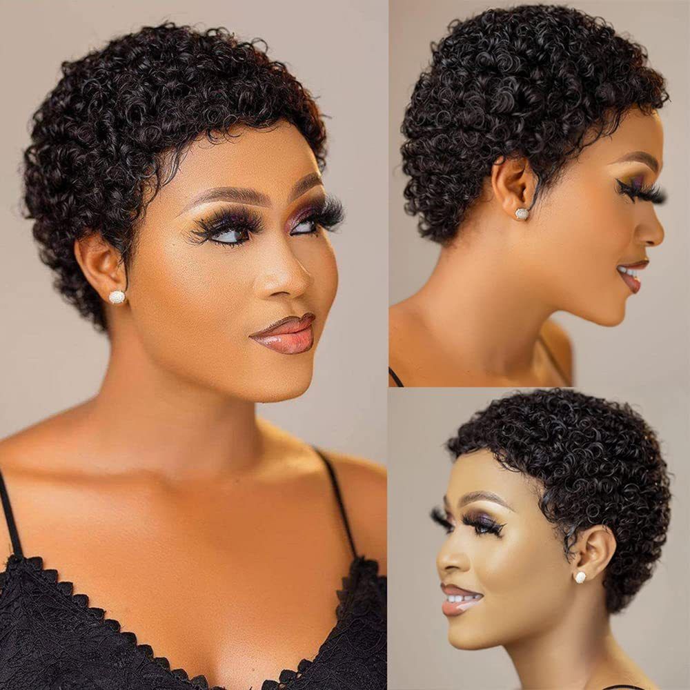 Afro Women Short Kinky Curly Haircuts Wig Synthetic Pixie Wigs for Black African Women Daily Wear Party Short Jerry Curl Hair Wig Natural Colour