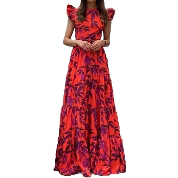 Women's Fashion Printed Flying Sleeve High-Waisted European And American Dress