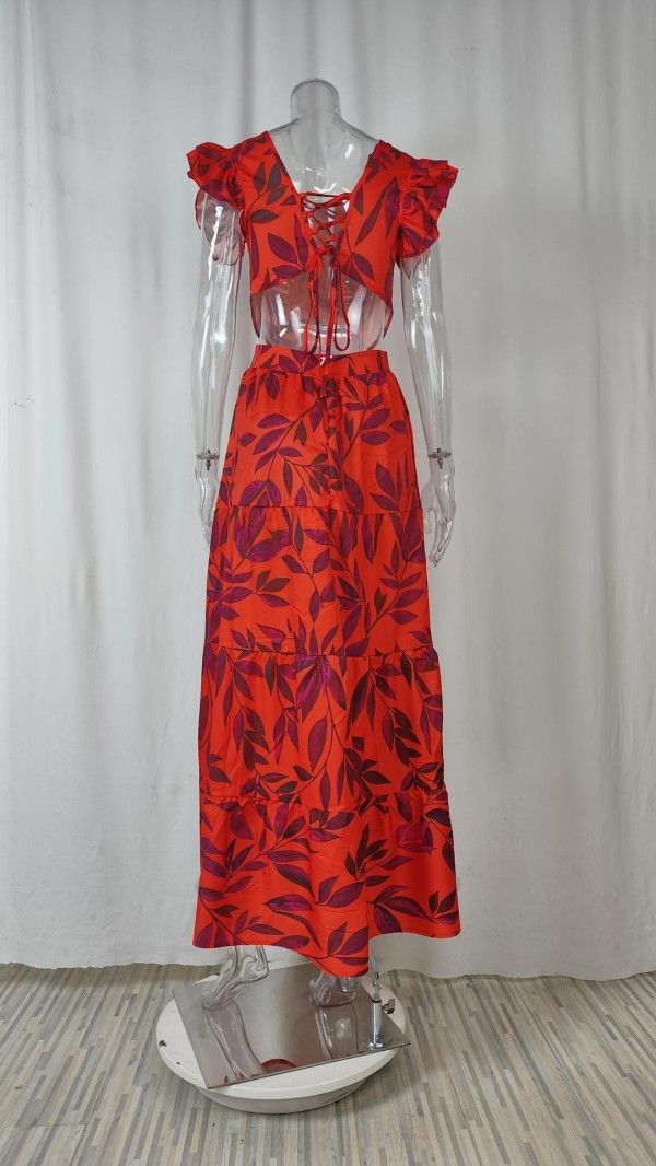 Women's Fashion Printed Flying Sleeve High-Waisted European And American Dress