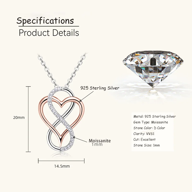 Certified Full Moissanite Heart Infinite Pendant Necklace for Women 925 Sterling Silver Chain Fine Jewelry Gift Collare