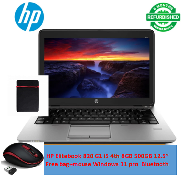 (Free Bag+Mouse)Refurbished HP Elitebook 820 G1 Laptop - Intel Core i5 4th Gen - 8GB RAM 500GB HDD ROM - 12.5'' Windows 10 Notebook
