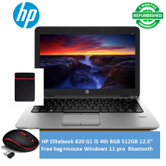 (Free Mouse Bag 8GB 512GB) Refurbished HP Elitebook 820 G1 i5 4th 8GB 512GB SSD 12.5" Laptop Windows 11 Pro Intel HD Graphics Webcam Bluetooth Student Professional Laptop