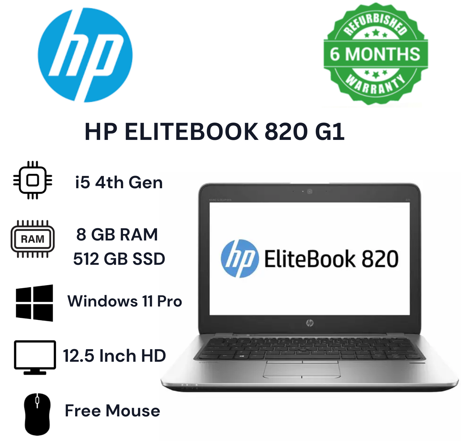 (Free Mouse Bag 8GB 512GB) Refurbished HP Elitebook 820 G1 i5 4th 8GB 512GB SSD 12.5" Laptop Windows 11 Pro Intel HD Graphics Webcam Bluetooth Student Professional Laptop