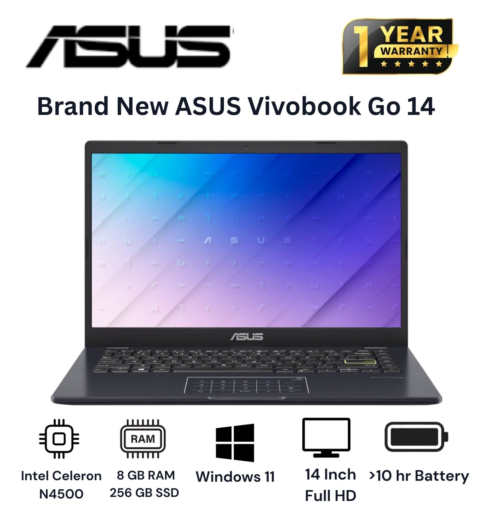 Brand New Asus Vivobook Go 14 Laptop 8GB+256GB+14" Intel Celeron N4500 1.1-2.8GHz Windows 11 Home Anti-glare display Bluetooth 5.1 WiFi 802.11ac brand new laptop