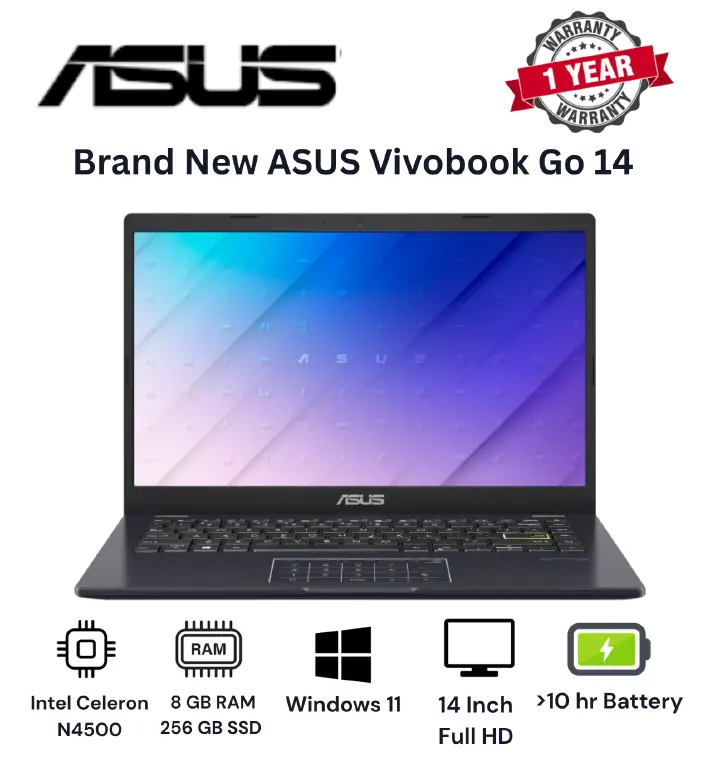 Brand New Asus Vivobook Go 14 Laptop 8GB+256GB+14" Intel Celeron N4500 1.1-2.8GHz Windows 11 Home Anti-glare display Bluetooth 5.1 WiFi 802.11ac brand new laptop