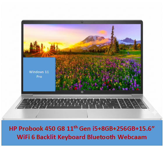 Refurbished HP Probook 450 G8 Laptop 11th Gen i5+8GB+256GB+15.6" EX-UK WiFi 6 Backlit keyboard 15.6" FHD Display Iris Xe Graphics Windows 11 Pro Student Professional Laptop
