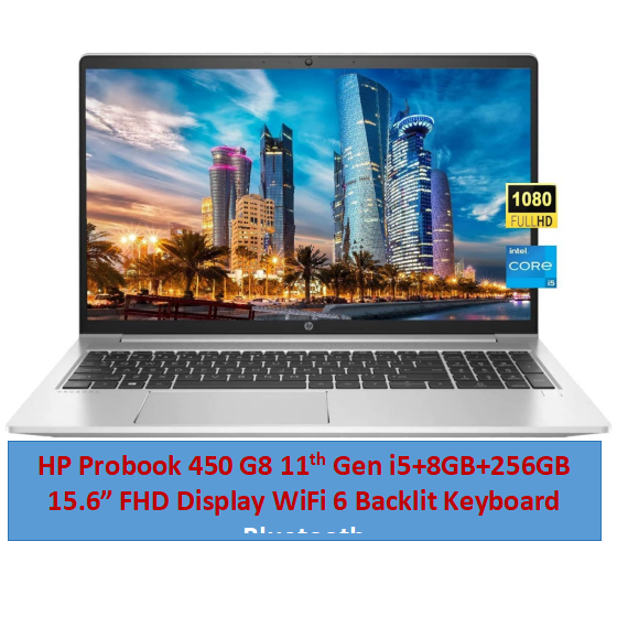 Refurbished HP Probook 450 G8 Laptop 11th Gen i5+8GB+256GB+15.6" EX-UK WiFi 6 Backlit keyboard 15.6" FHD Display Iris Xe Graphics Windows 11 Pro Student Professional Laptop
