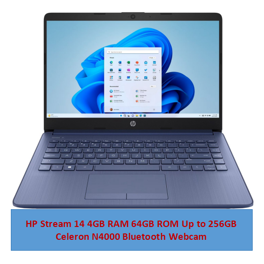 HP Stream 14 Laptop 4GB RAM 64GB SSD ROM up to 256 GB via SD Card Windows 11 Celeron N4120 Bluetooth Webcam Student Professional laptop Refurbished HP Laptops