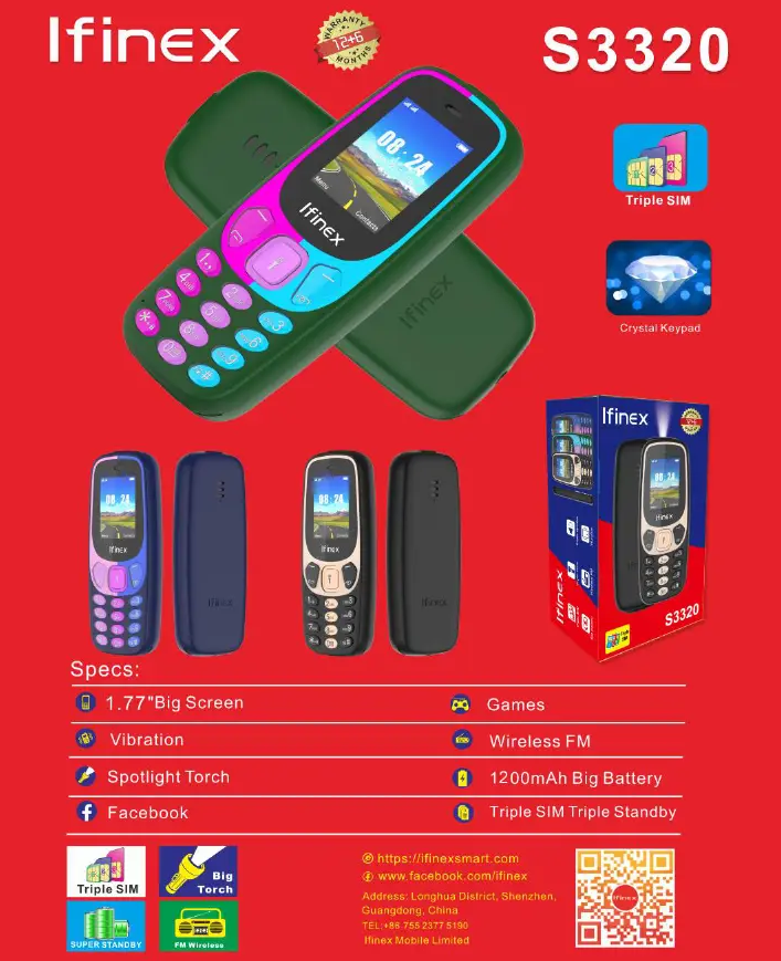 IFINEX S3320 Triple (3) Sim Card Phone 1.77 Inch Display 1200mAh Battery With Bluetooth Wireless FM Radio Mp3/Mp4 Big Torch Feature Phone Mobile