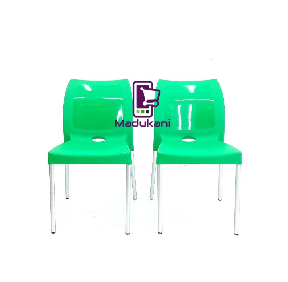 2PCS PAIR GREEN Strong Armless Comfortable Plastic Chair with Metal Tubing Legs