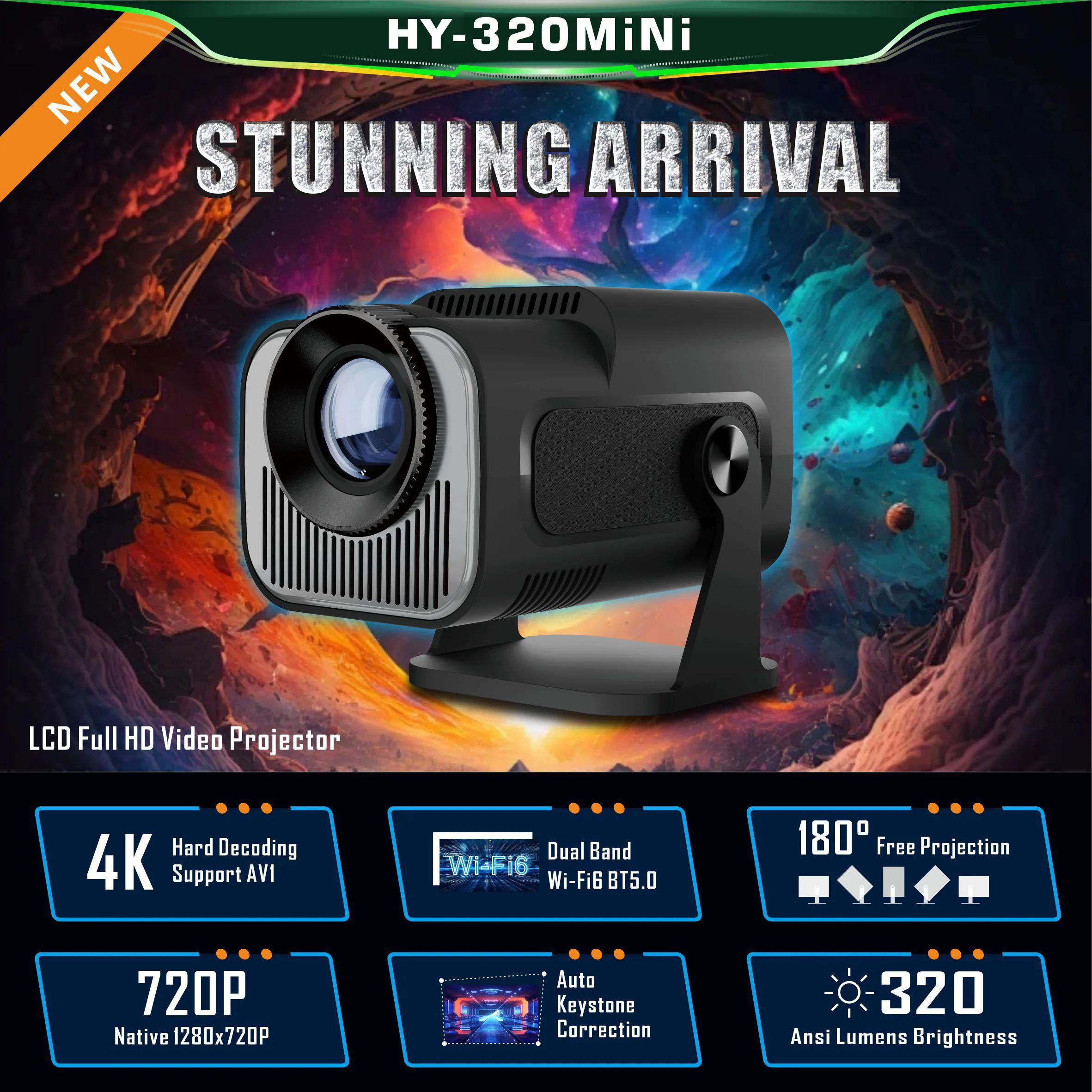 Original JAVAID Hot Sale HY-320Mini Portable Newly Native 720P Allwinner H713 Android11 4K Projector 320ANSI Wifi6 BT5.0 Cinema Outdoor Rotable Projector
