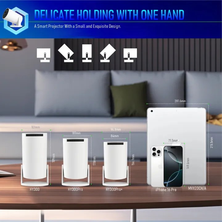 Original New Upgrade HY300Pro+ Short Distance Much Bigger Screen Home Theater Projector HD 150 ANSI BT5.0 Native 1280*720P Cinema Outdoor Portable Projector Big Screen ANDROID Projector Smart TV