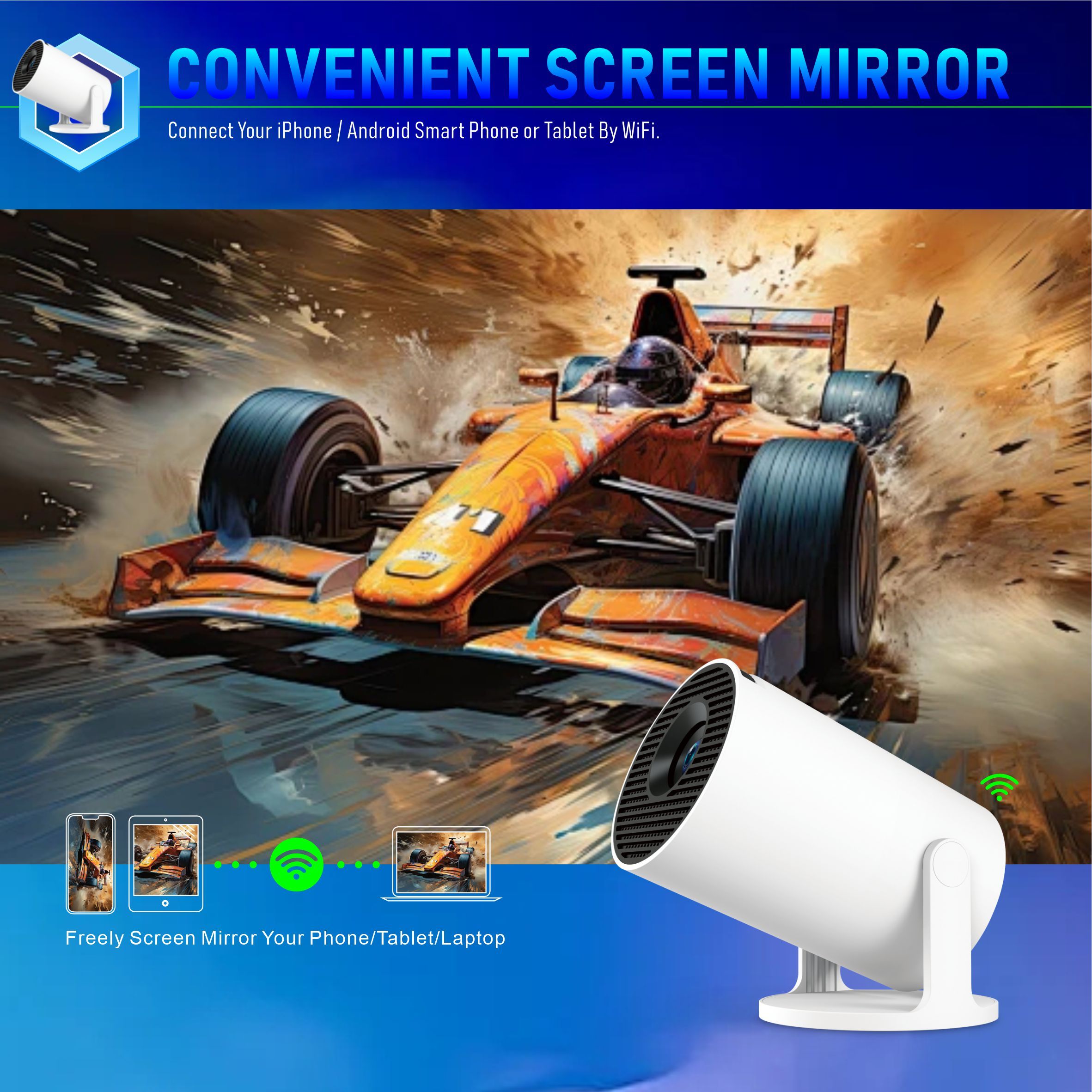 Original New Upgrade HY300Pro+ Short Distance Much Bigger Screen Home Theater Projector HD 150 ANSI BT5.0 Native 1280*720P Cinema Outdoor Portable Projector Big Screen ANDROID Projector Smart TV
