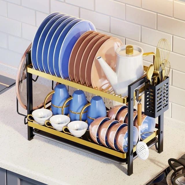 New Design Advanced 2 Tier Black and Gold Dish Rack with Drain Board and side cutlery holder