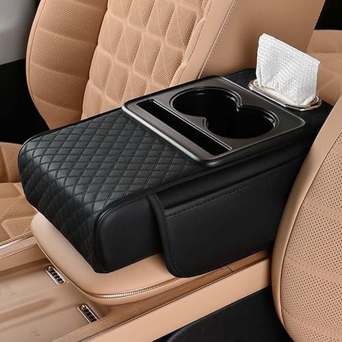 Car Armrest Cushion with Cup Holder - 5-in-1 Center Console Cover with 2 Storage Bags, Tissue Box Slot, Phone Slot for Sedans, Car Accessories Interior Organizers