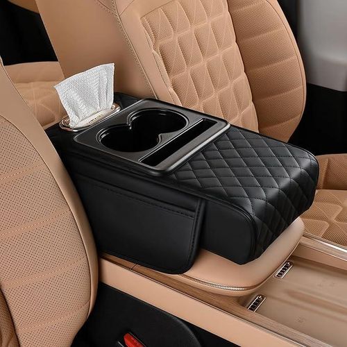 Car Center Console Cover, Leather Armrest Cover for Car, Universal Middle Console Cushion with Storage Box, Cup Holder, Tissue Box & Phone Slot, Luxury Waterproof Interior Accessories, Black