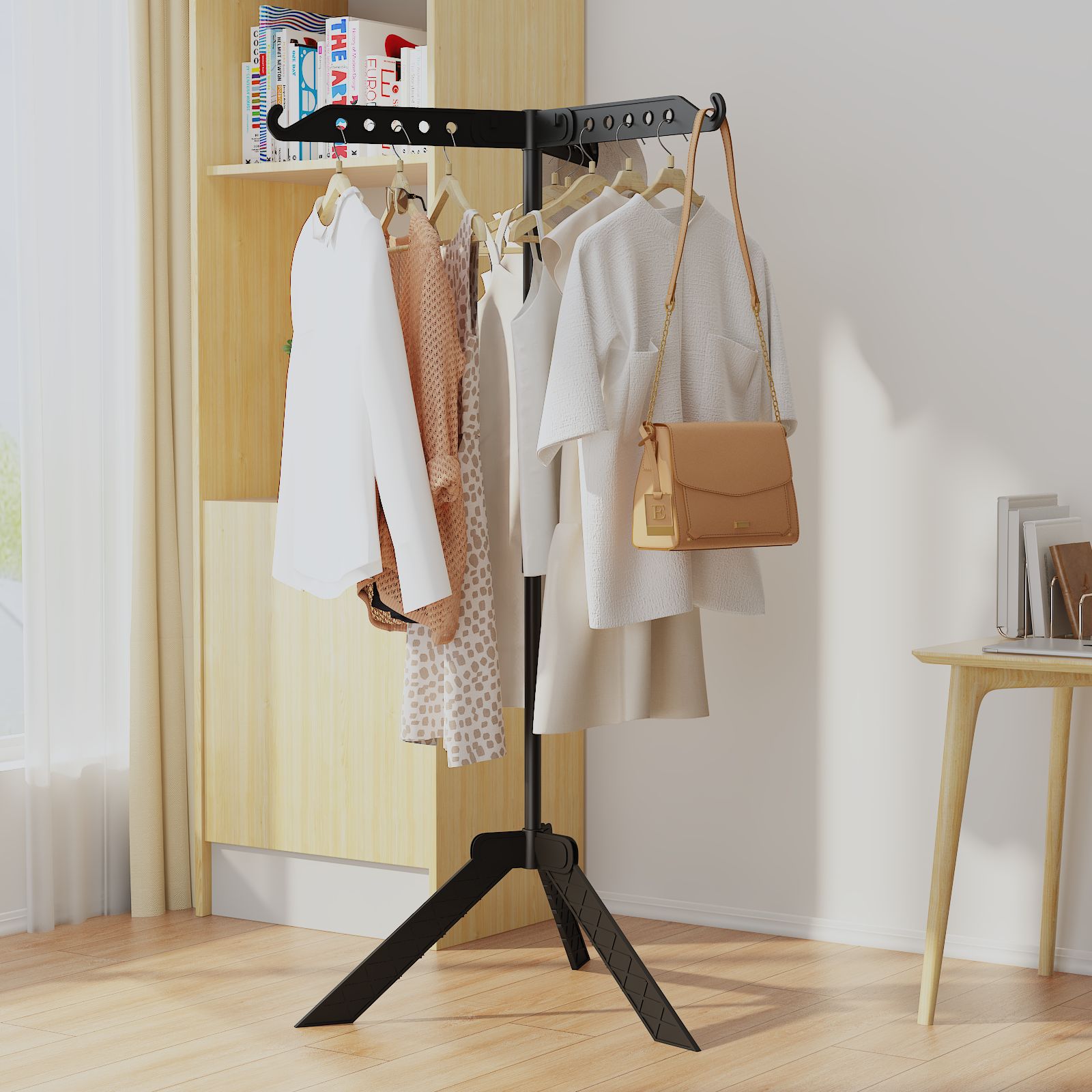 Rotating Clothes Rack - Floor Standing Foldable Multi-Functional Garment Hanger for Clothes Bags and Laundry