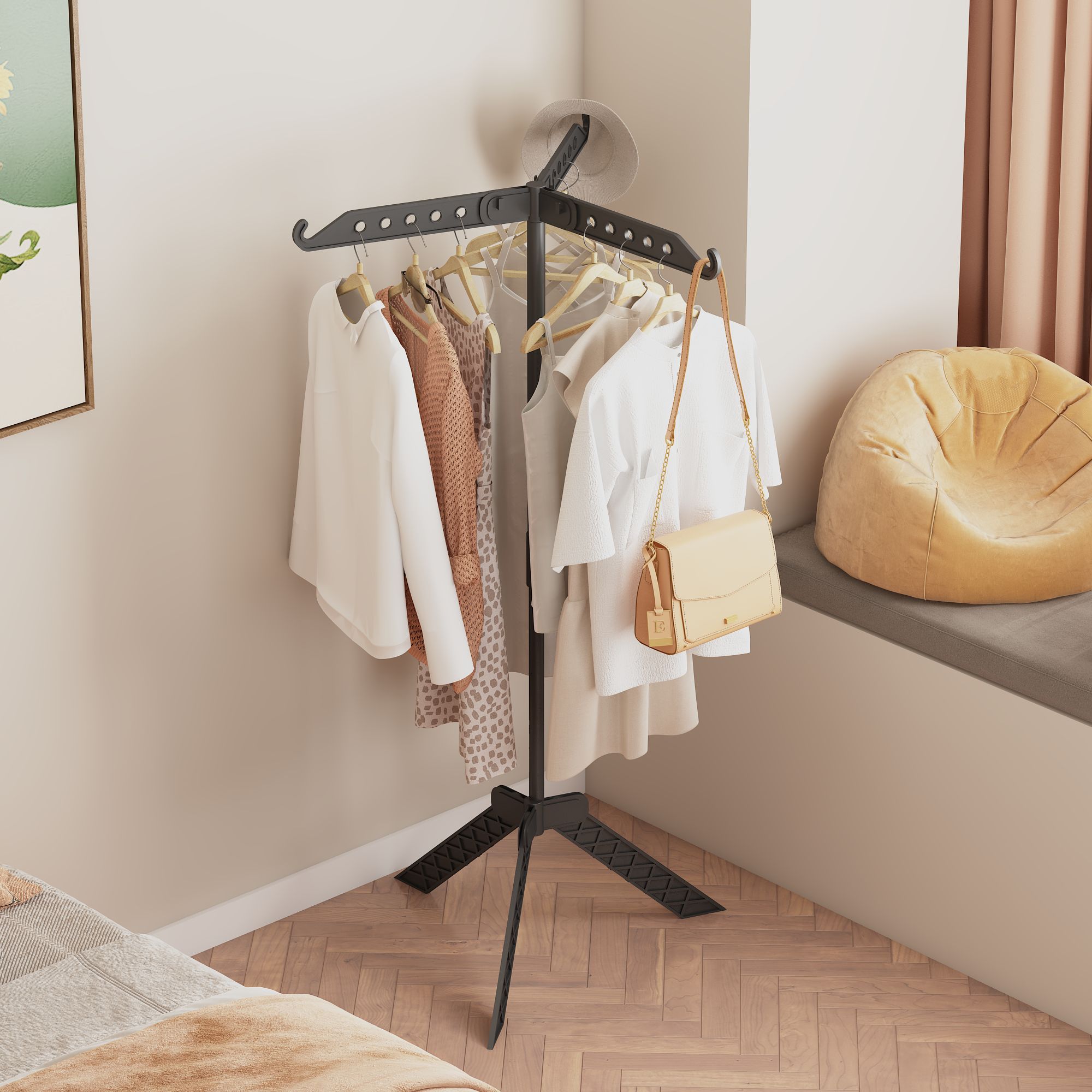 Rotating Clothes Rack - Floor Standing Foldable Multi-Functional Garment Hanger for Clothes Bags and Laundry