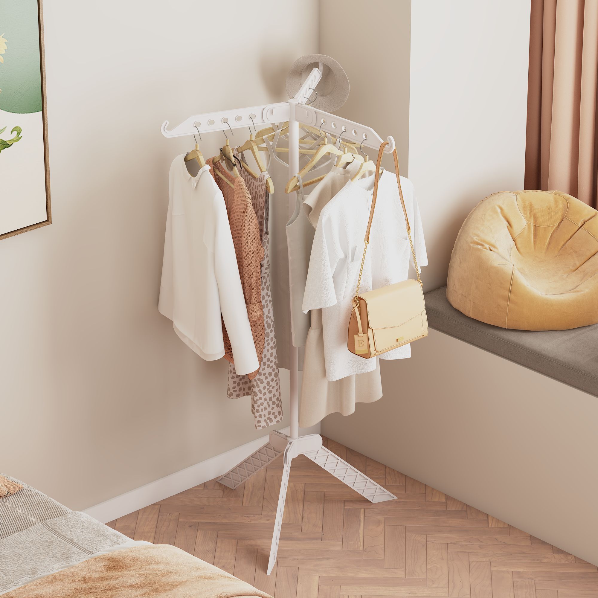 Rotating Clothes Rack - Floor Standing Foldable Multi-Functional Garment Hanger for Clothes Bags and Laundry