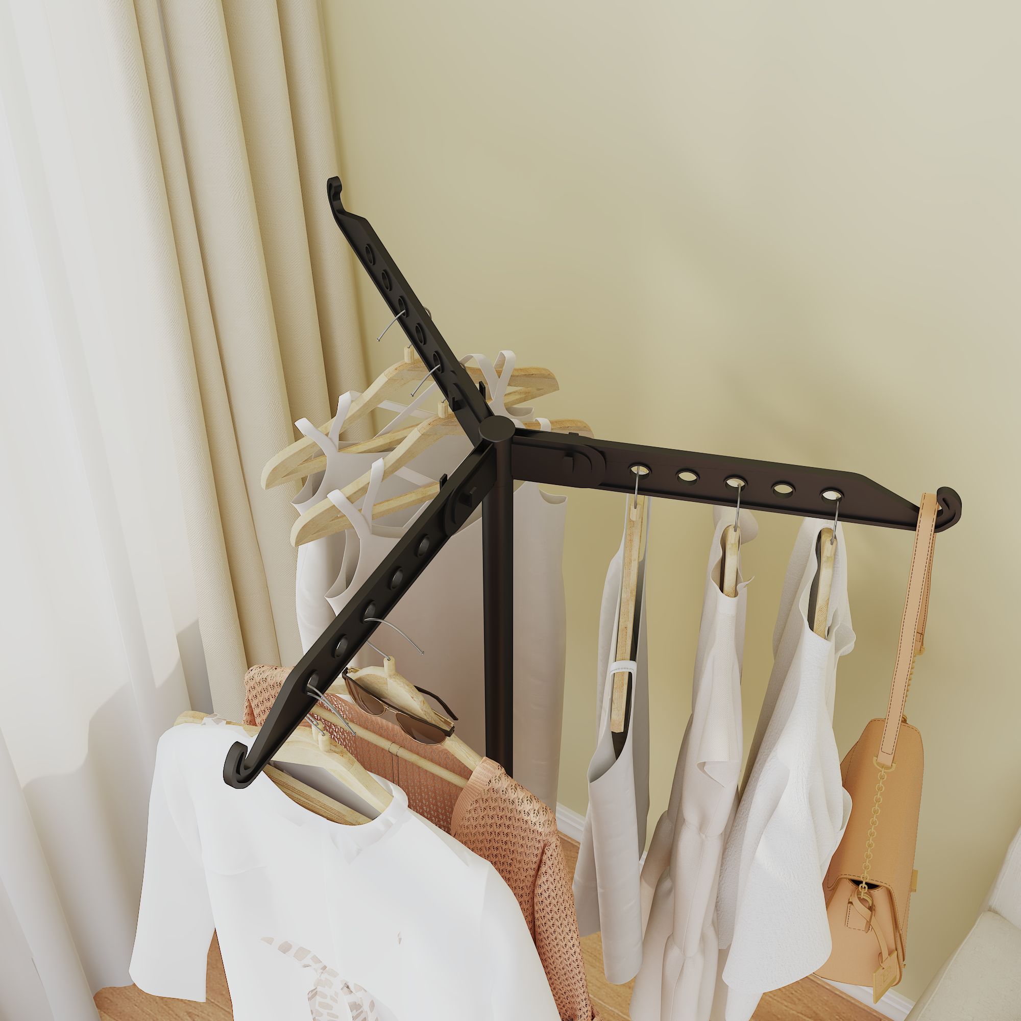 Rotating Clothes Rack - Floor Standing Foldable Multi-Functional Garment Hanger for Clothes Bags and Laundry