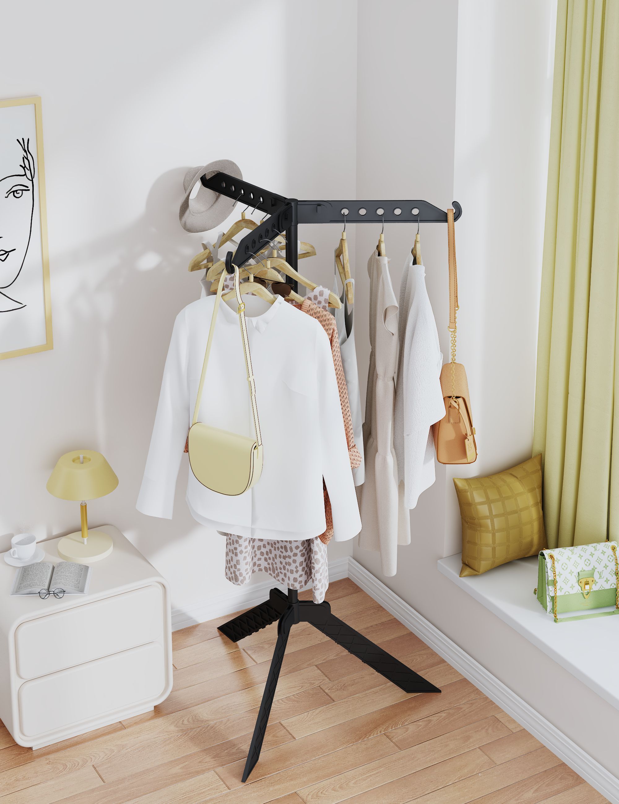Rotating Clothes Rack - Floor Standing Foldable Multi-Functional Garment Hanger for Clothes Bags and Laundry