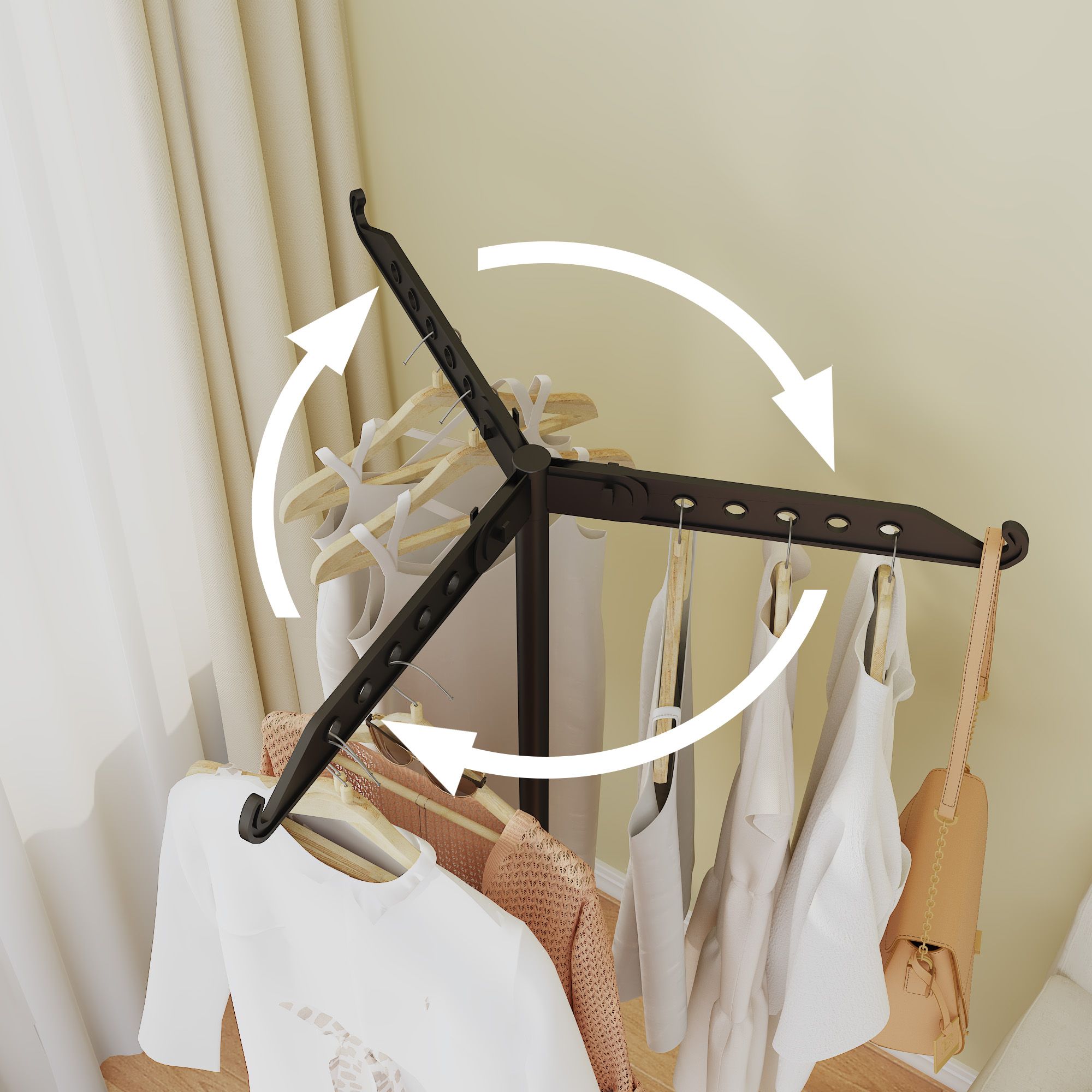 Rotating Clothes Rack - Floor Standing Foldable Multi-Functional Garment Hanger for Clothes Bags and Laundry