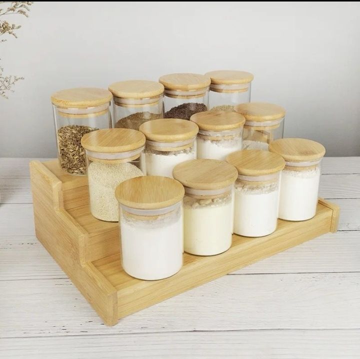 12Pcs Glass Spice Jars with Bamboo Lid Comes with the stand Spice Seasoning Containers for Salt Pepper Shakers Home Organizer Kitchen Spice Jar Set