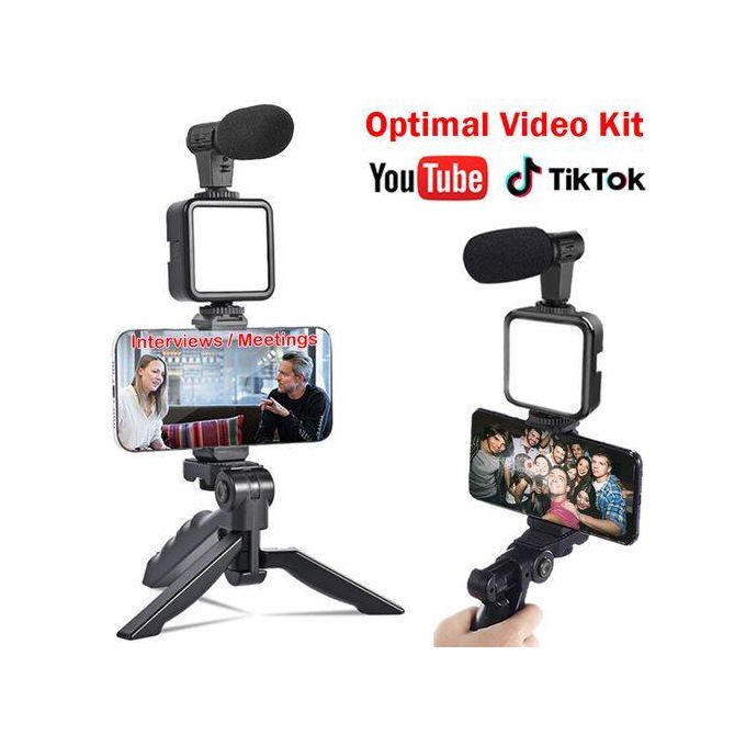 Camera Video Recording Vlogging Kit for Video Making, Mic, Mini Tripod Stand, LED Light & Phone Holder Clip for Making Videos Podcasting Black