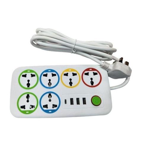 6 Way Slots Power Extension With 3 USB Ports Cables And 1 Type C Port - 2500w