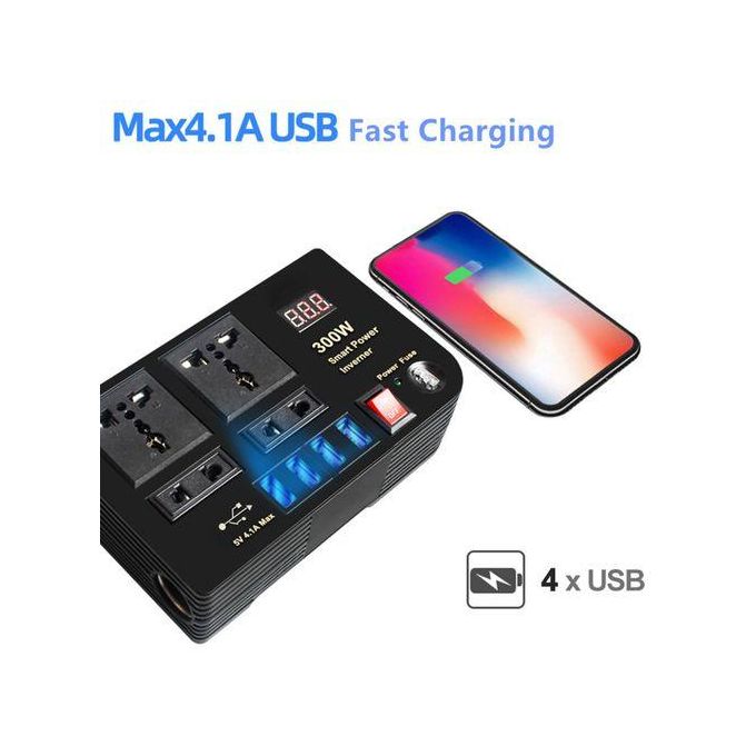 300W Car Power Inverter Dc to Ac 12V to 240V With 4 Ac ports, 4 USB ports + cigarette lighter