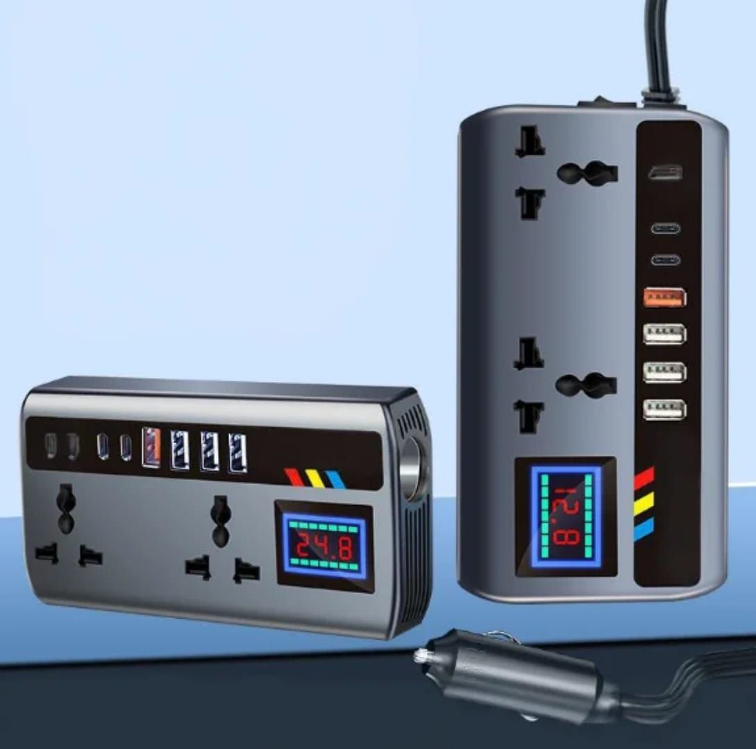 DC 12V/24V to AC 220V, 200W automotive inverter PD + QC3.0, dual type C + 4 USB ports, mobile phone charger, ignition power adapter, 9-in-1