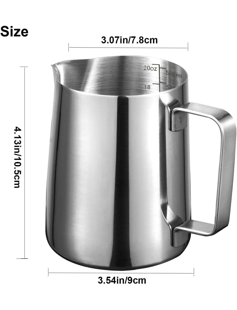 Milk Frothing Pitcher 20oz – Stainless Steel Milk Jug with Scale, 600ml Steaming Pitcher for Espresso, Cappuccino, Latte Art, Barista Training & Home Coffee Makers (Stainless Steel Finish, 600ml)