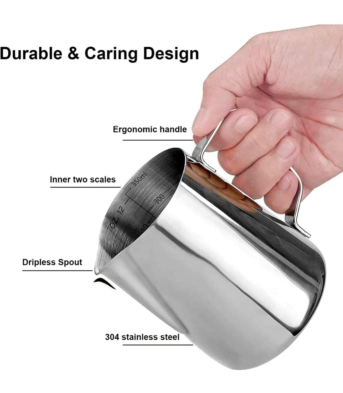 Milk Frothing Pitcher 20oz – Stainless Steel Milk Jug with Scale, 600ml Steaming Pitcher for Espresso, Cappuccino, Latte Art, Barista Training & Home Coffee Makers (Stainless Steel Finish, 600ml)