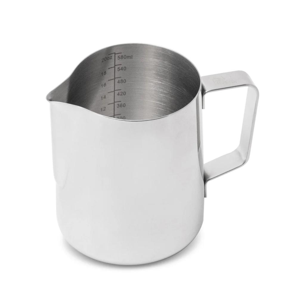 Milk Frothing Pitcher 20oz – Stainless Steel Milk Jug with Scale, 600ml Steaming Pitcher for Espresso, Cappuccino, Latte Art, Barista Training & Home Coffee Makers (Stainless Steel Finish, 600ml)