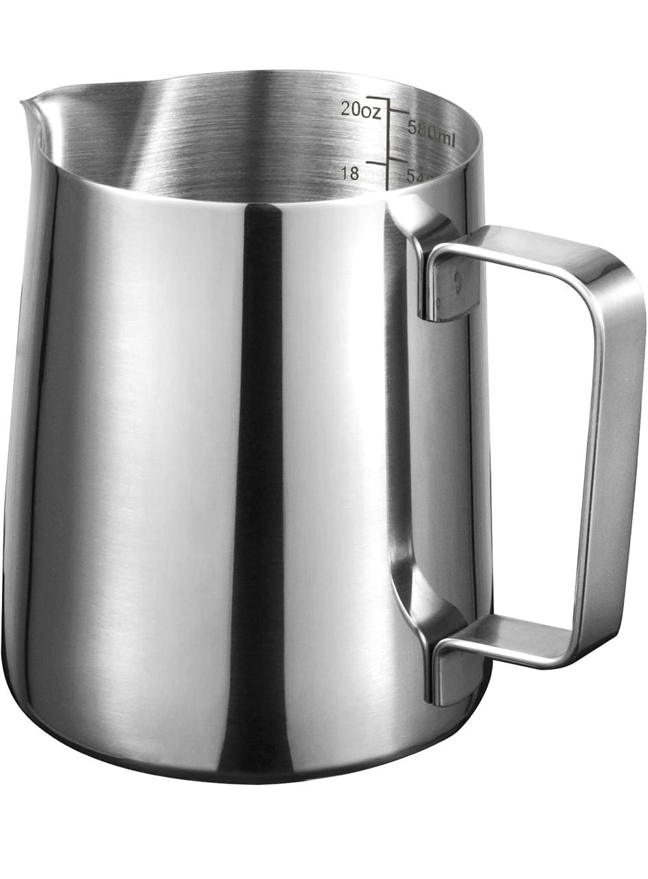 Milk Frothing Pitcher 20oz – Stainless Steel Milk Jug with Scale, 600ml Steaming Pitcher for Espresso, Cappuccino, Latte Art, Barista Training & Home Coffee Makers (Stainless Steel Finish, 600ml)