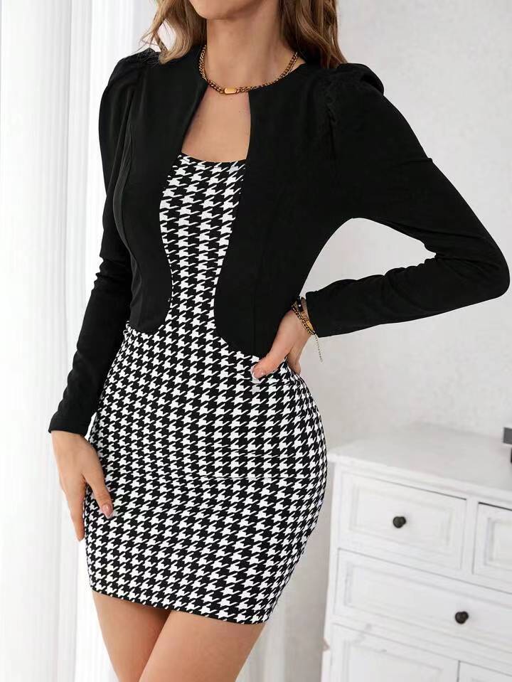 2025 popular women's clothing European and American autumn and winter hot selling long sleeved fake 2-piece printed professional hip pencil dress