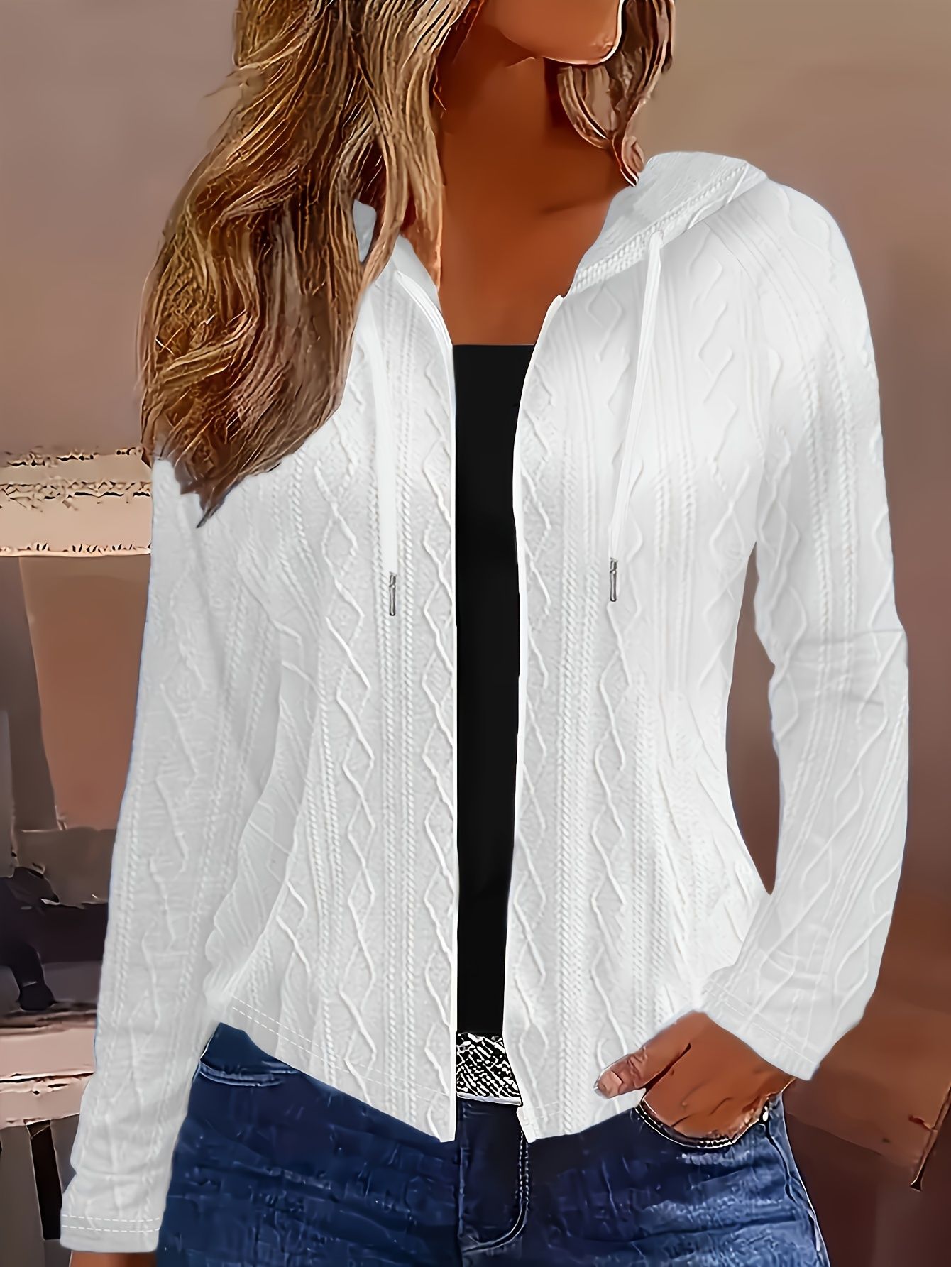 Women's Plus Size Casual Hooded Jacket - Solid Color, Zip-Up, Long Sleeve with Drawstring & Pockets T028 White,1XL