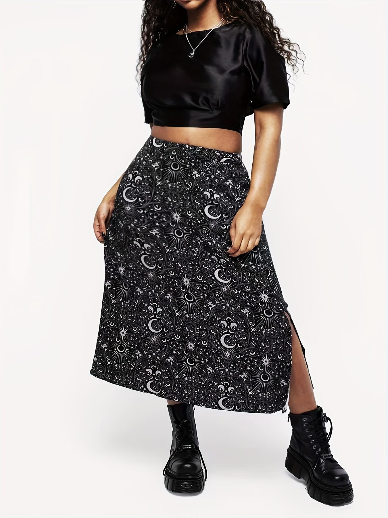 Seasonless Wonder, Elegant Plus Size Starry Sky Print A-Line Skirt - Stretchy, Machine Washable Polyester - Perfect for All Seasons T008