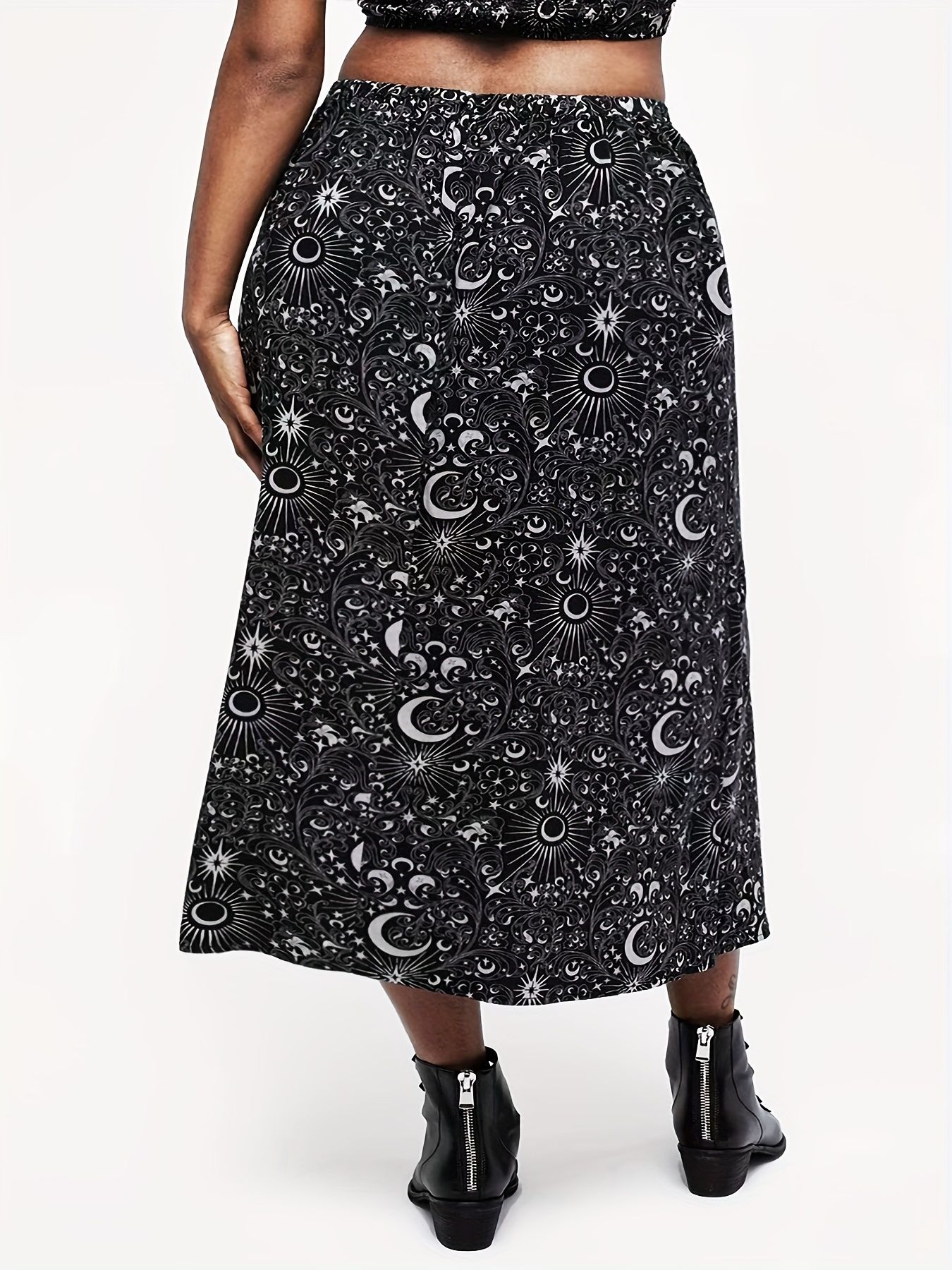 Seasonless Wonder, Elegant Plus Size Starry Sky Print A-Line Skirt - Stretchy, Machine Washable Polyester - Perfect for All Seasons T008