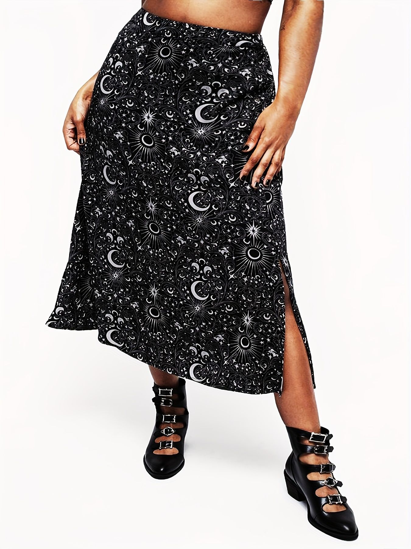 Seasonless Wonder, Elegant Plus Size Starry Sky Print A-Line Skirt - Stretchy, Machine Washable Polyester - Perfect for All Seasons T008