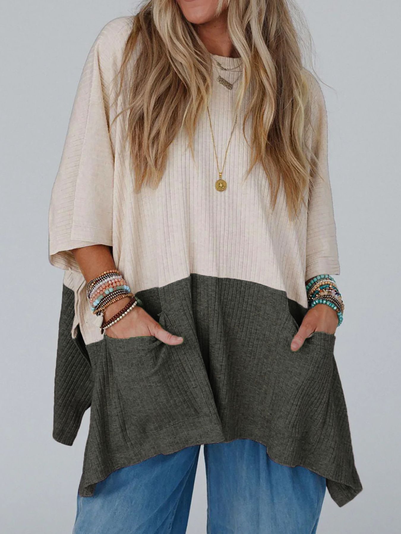 Plus Size Casual Color Block Top, Polyester Blend, Crew Neck, Medium Stretch Knit Fabric, Solid Pattern, Two-Tone Design, for All Seasons T067 Beige+gray,One Size