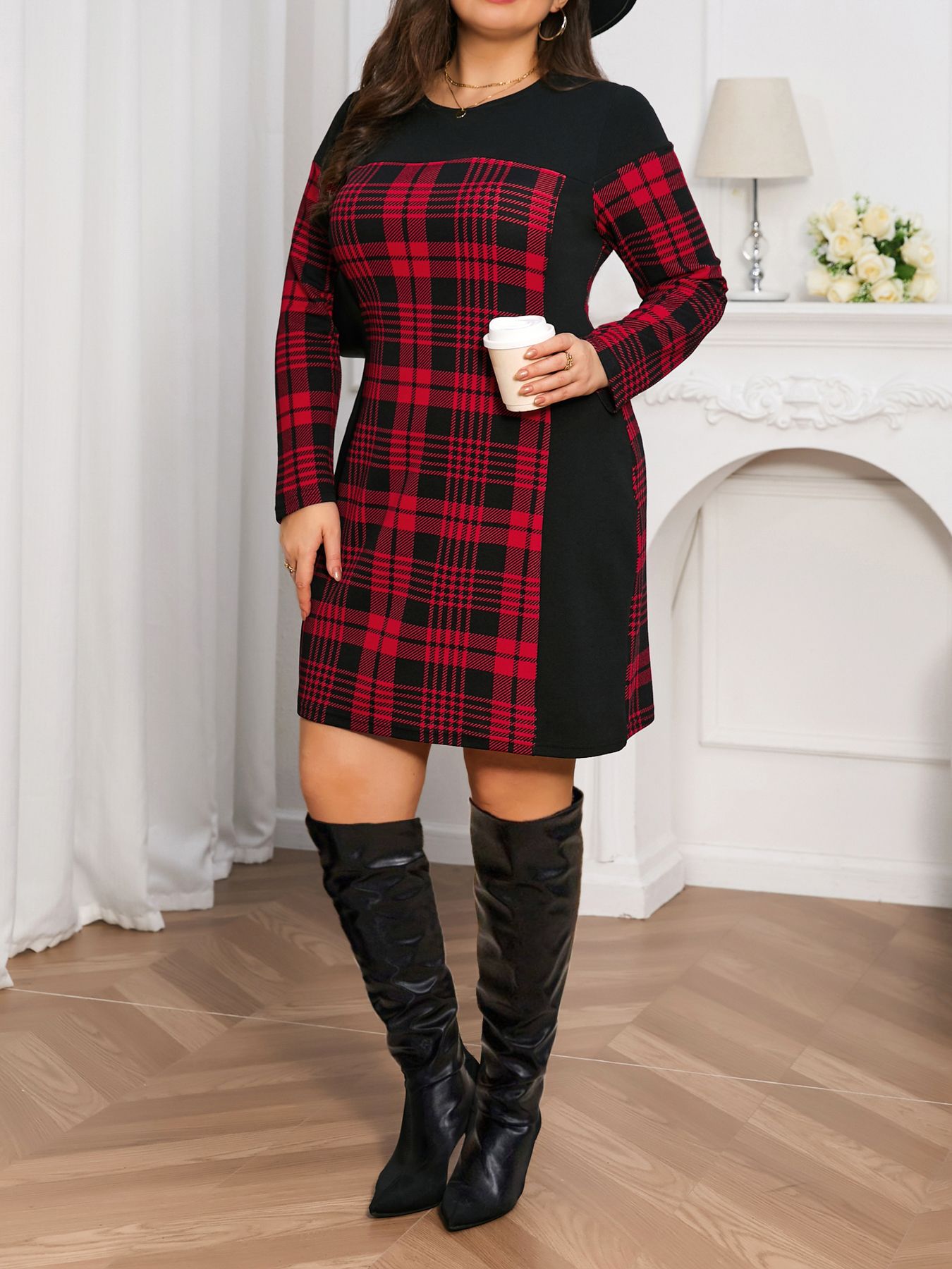 Plus Size Women's Plaid Color Block Dress  T069