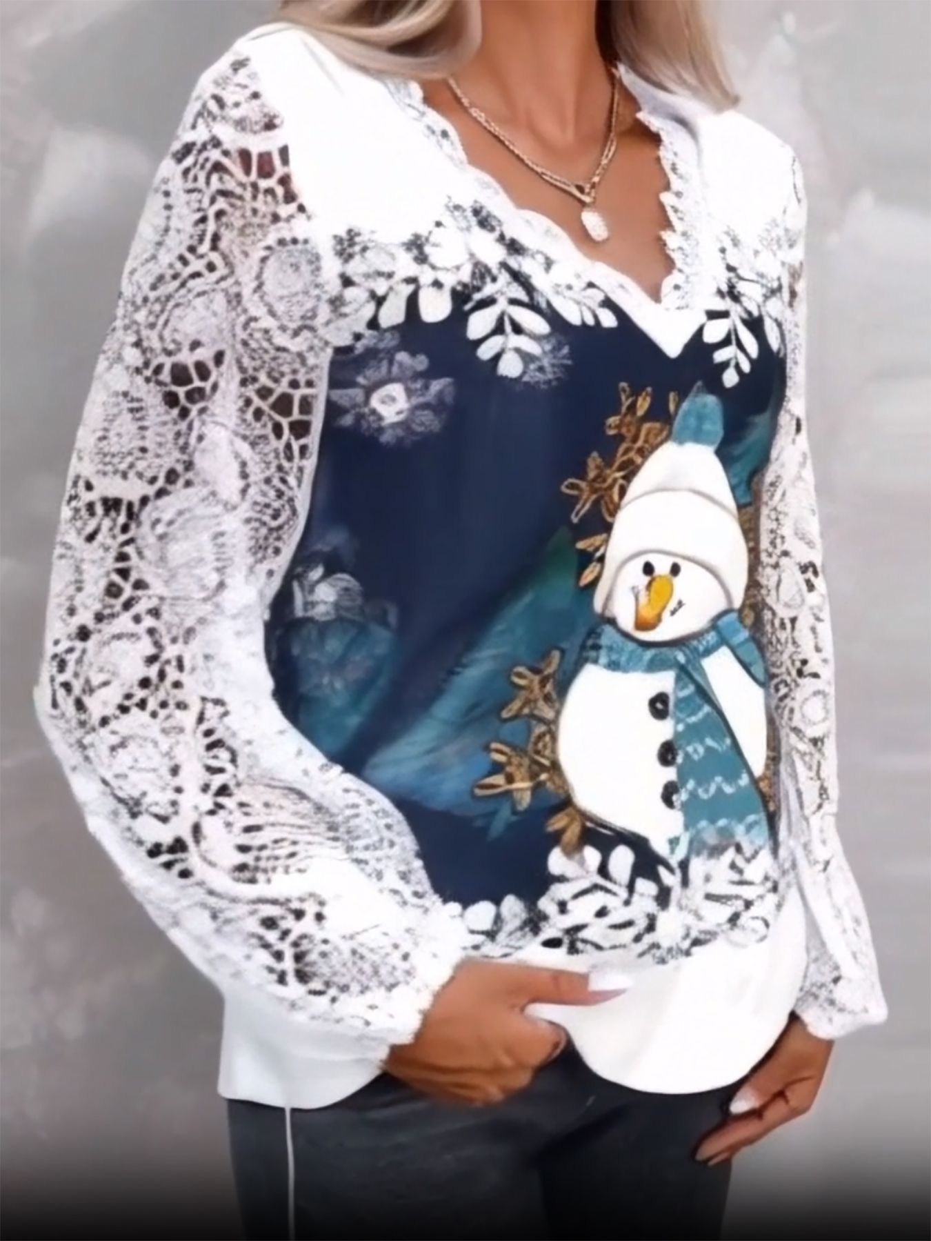 Plus Size Women's clothes Christmas V Lace Top-lady clothes-T001