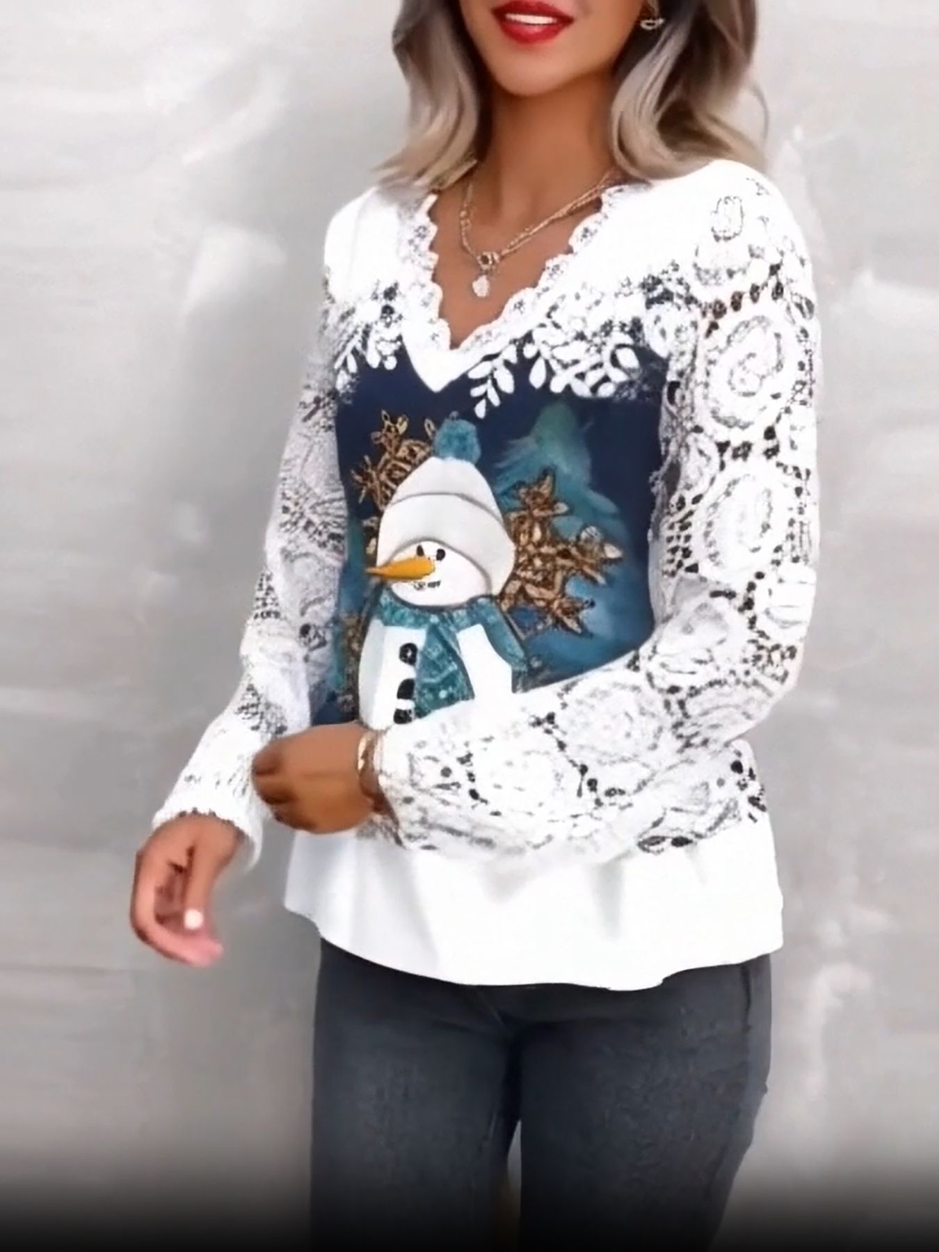 Plus Size Women's clothes Christmas V Lace Top-lady clothes-T001