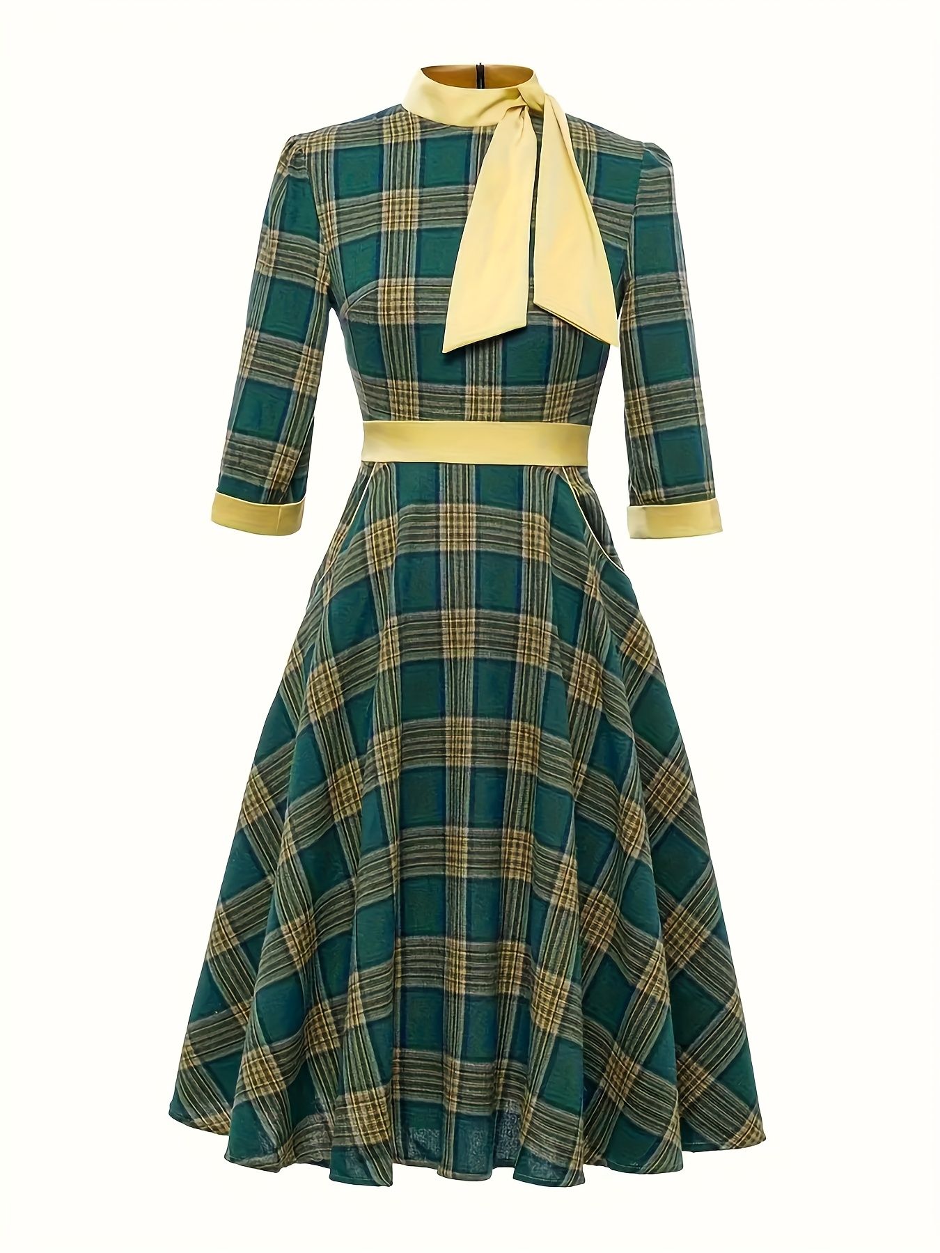 Plus size women's plaid elegant long sleeved dress
